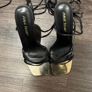 Public Desire Black and Gold Strappy Heels
